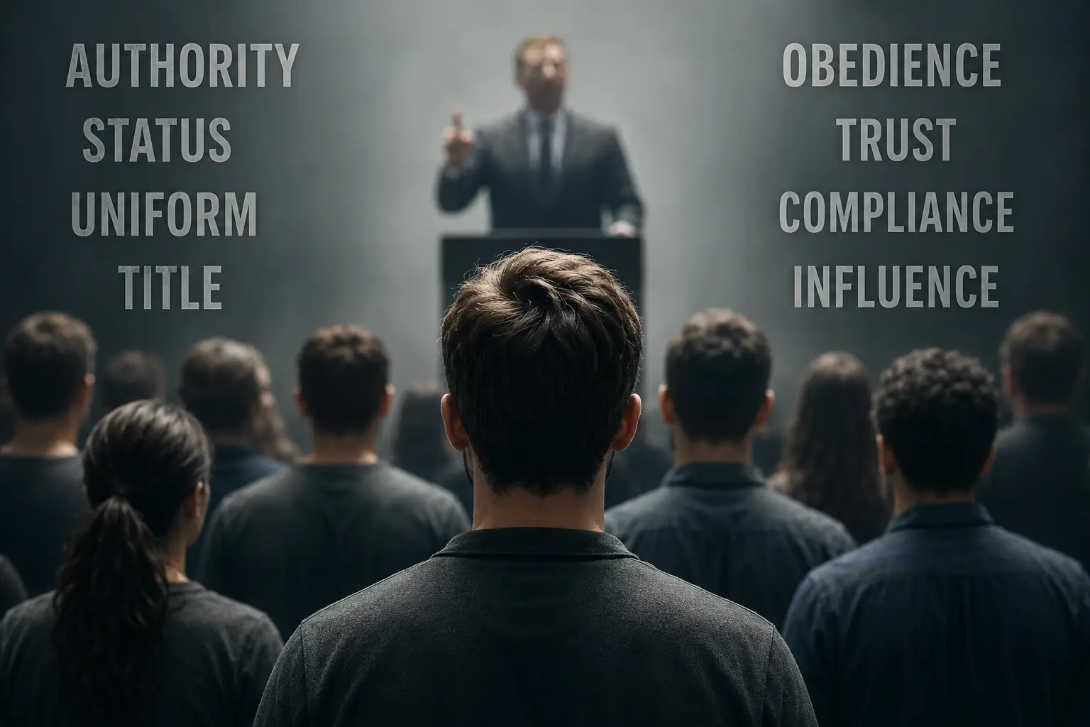 Infographic explaining how authority, status, uniforms, trust, compliance, and influence affect human behaviour and decision-making