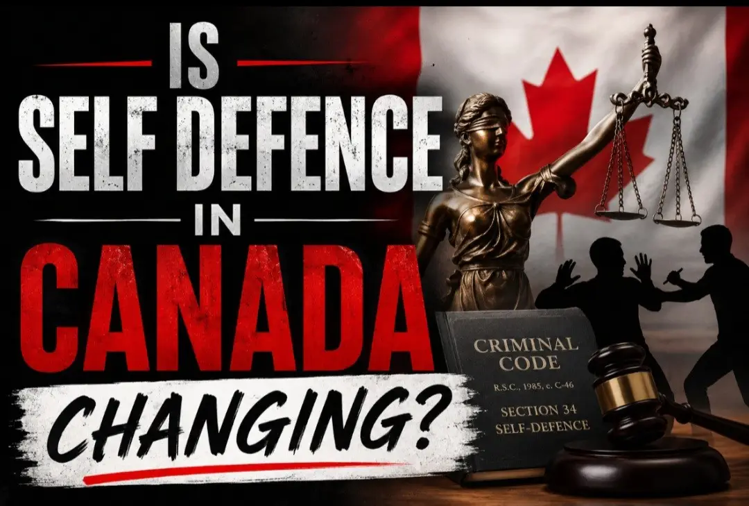 Infographic showing Canadian Criminal Code Section 34 self-defence and legal considerations related to self-defence in Canada
