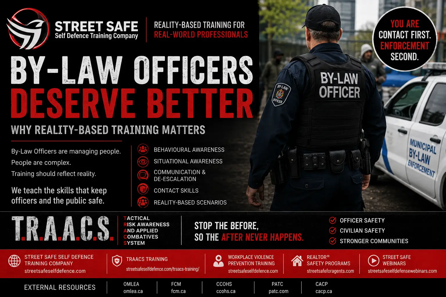 Infographic explaining reality-based training for municipal by-law officers, including behavioural awareness, situational awareness, communication, and de-escalation skills