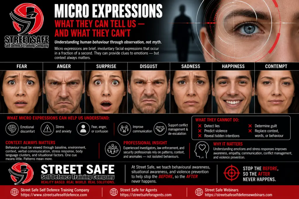 Infographic explaining micro expressions, emotional cues, behavioural awareness, and the importance of context in understanding human behaviour
