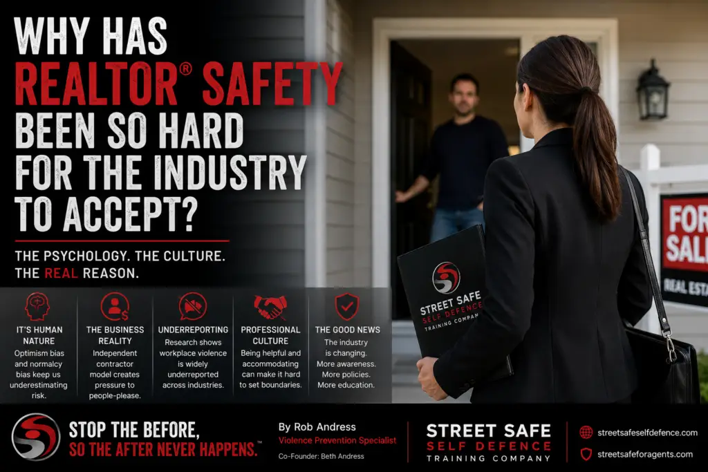 Infographic explaining REALTOR® safety challenges including risk perception, workplace culture, underreporting, and violence prevention awareness