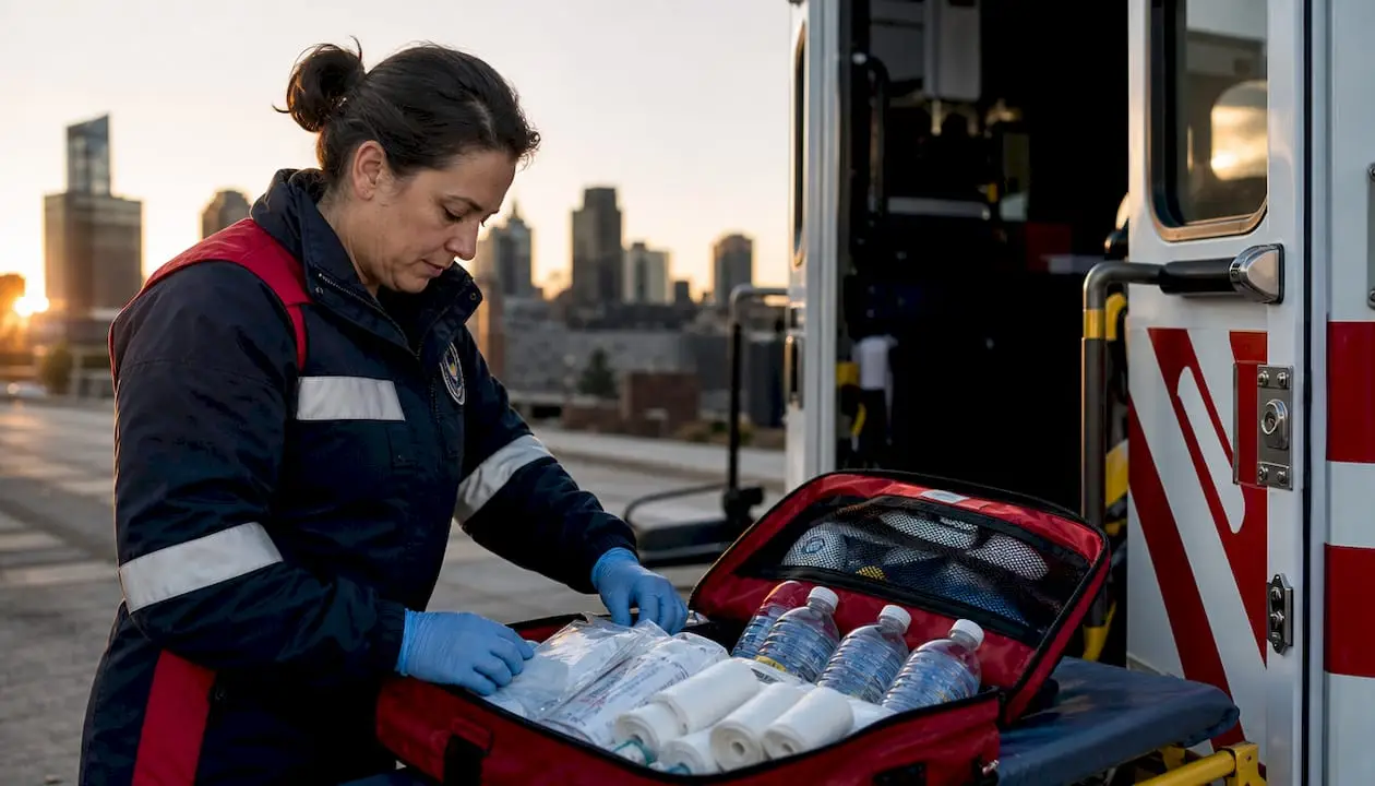 Paramedic preparing a first aid kit for emergency burn response and medical care