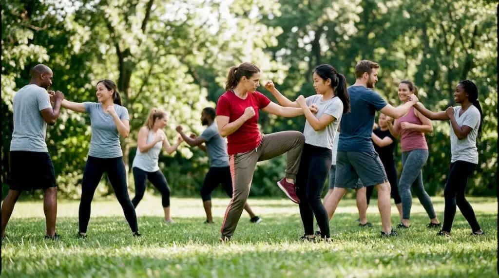 Group practicing self-defence techniques during an indoor self-defence class