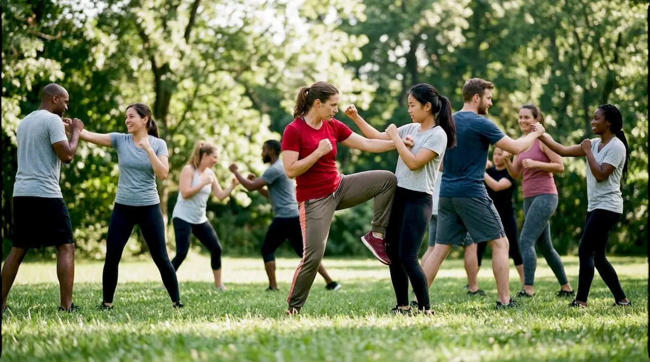 Group practicing self-defence techniques during an indoor self-defence class