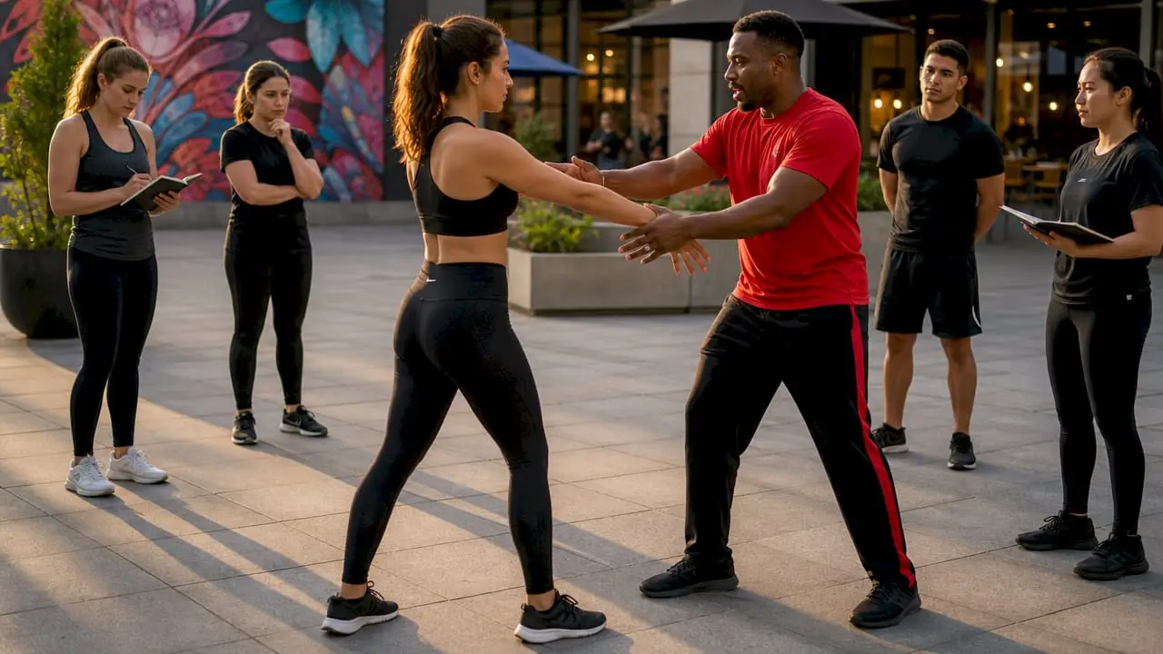 Group practicing self defence techniques in gym
