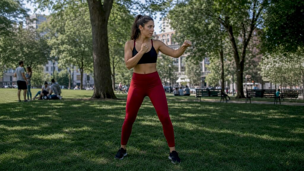 Woman practicing beginner self-defence stance