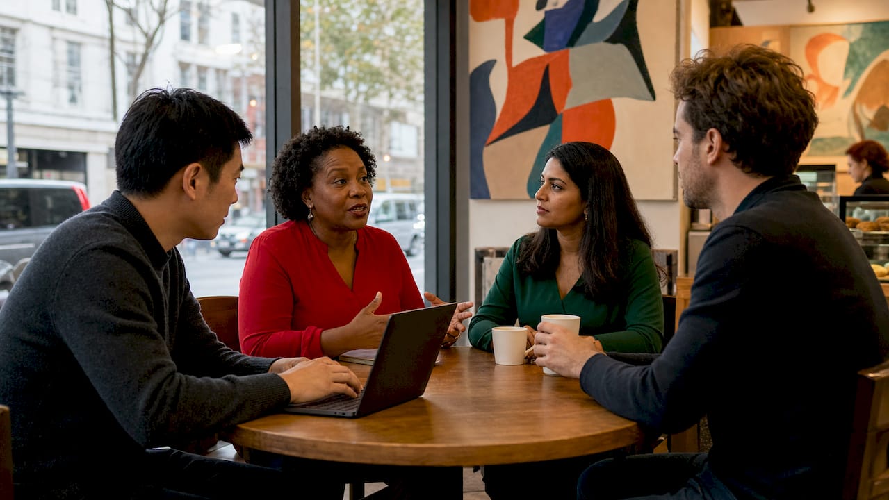 Diverse team discussing harassment prevention in meeting room