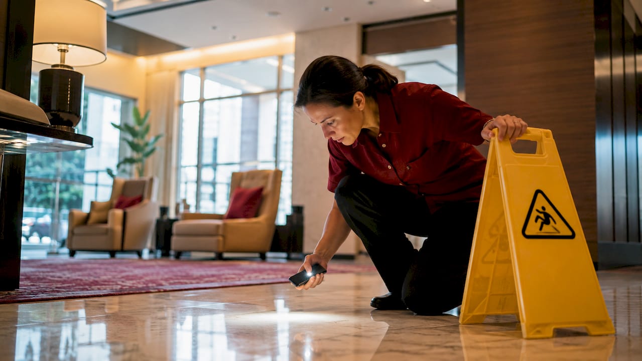 Hotel employee inspecting a hallway for potential hazards and safety concerns