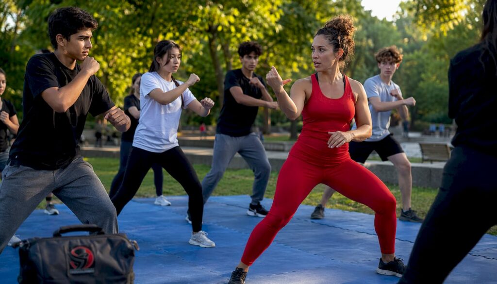 Teenagers practicing self-defence techniques during a gym class training session