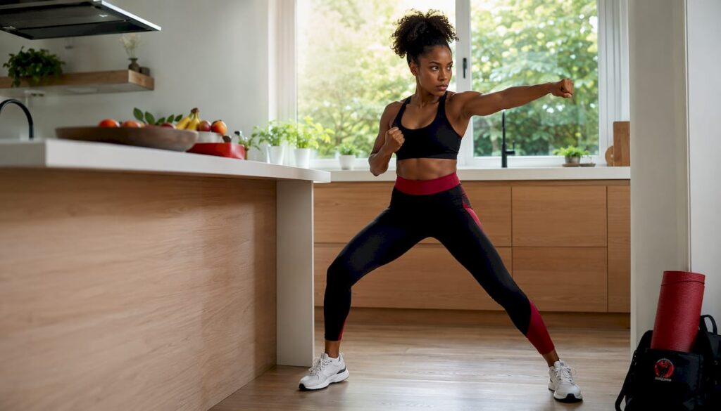 Woman practicing a self-defence stance at home during personal safety training