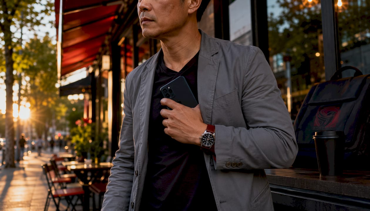 Man holding phone tightly on street
