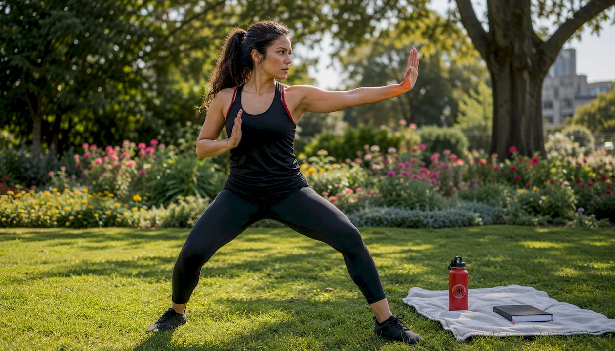 Woman practicing trauma-informed self-defence techniques in a supportive training environment