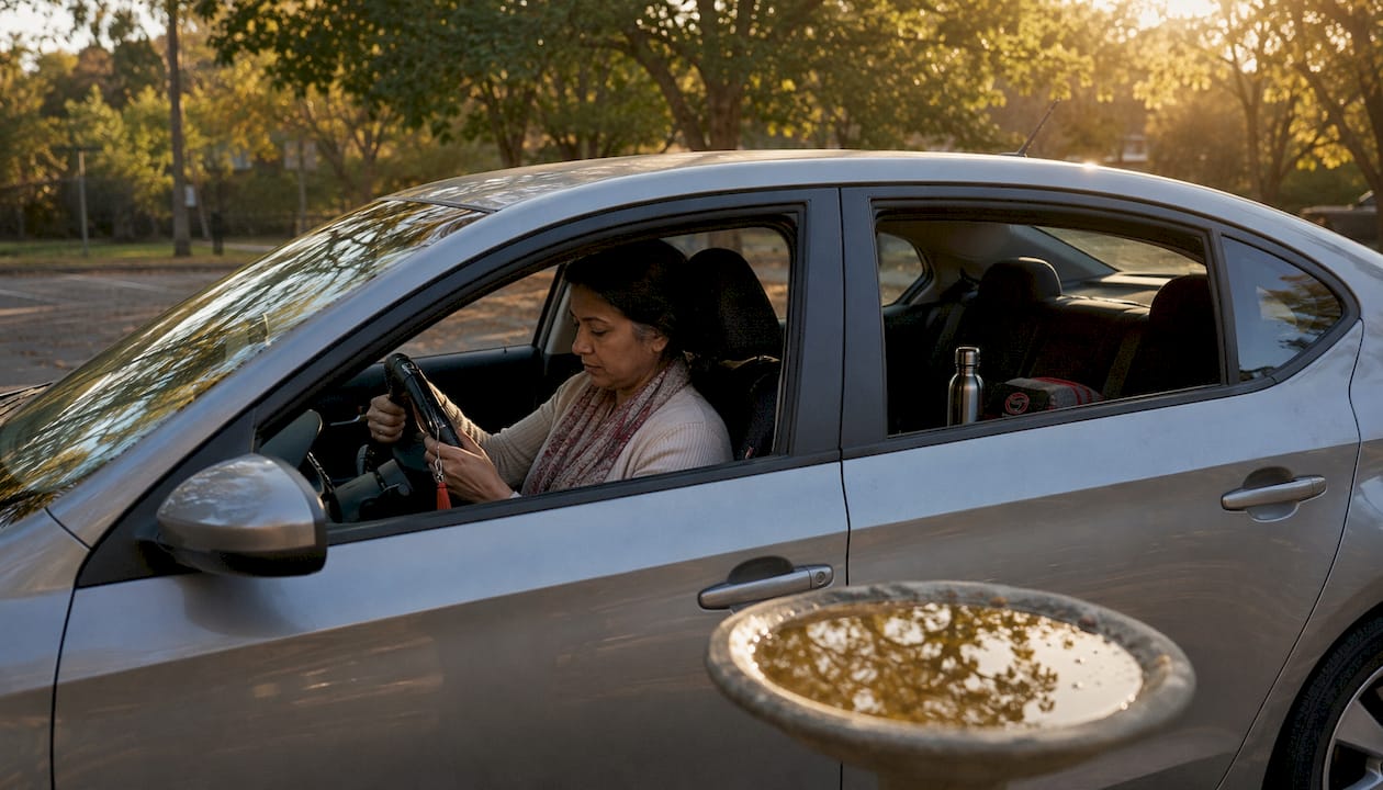 Driver adjusting a personal safety tool inside a car as part of vehicle safety preparation