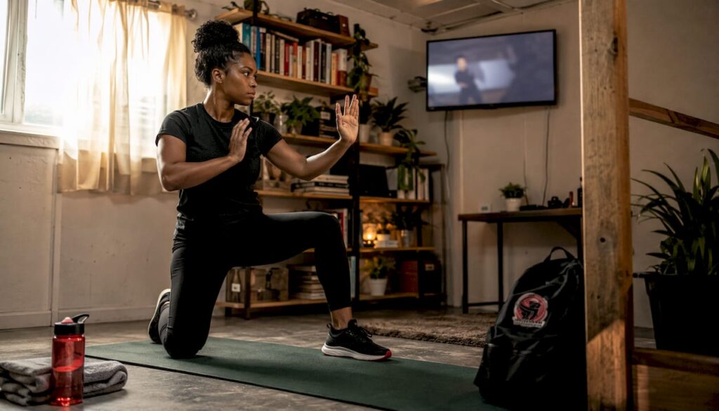 Woman practicing self-defence techniques at home during an online self-defence class