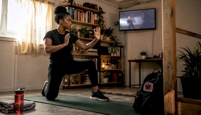 Woman practicing self-defence techniques at home during an online self-defence class