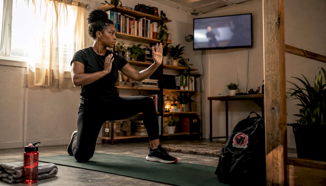 Woman practicing self-defence techniques at home during an online self-defence class