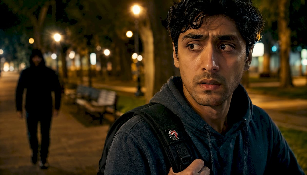 Man cautiously walking with someone behind
