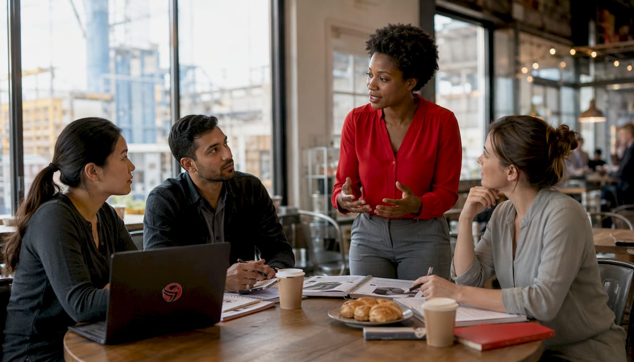 Team discussing workplace safety leadership strategies during a business meeting