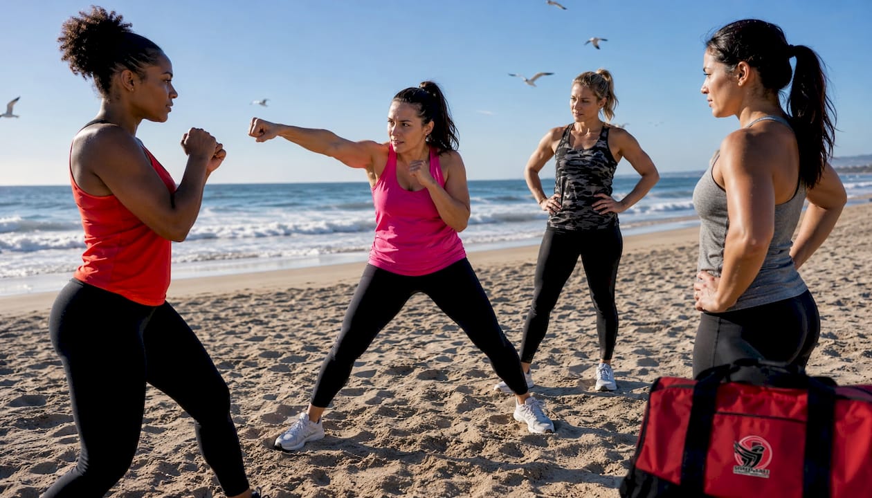 Women doing self-defence training in park
