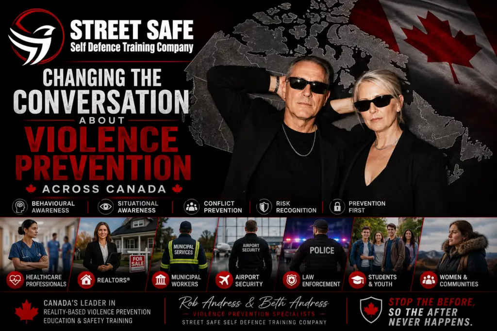 Street Safe Self Defence Training Company infographic showing violence prevention education, safety training, and awareness programs across Canada