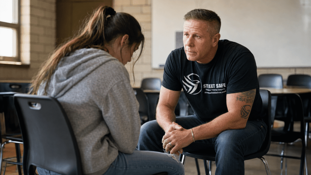 Rob Andress listening compassionately to a student during a violence prevention and safety discussion