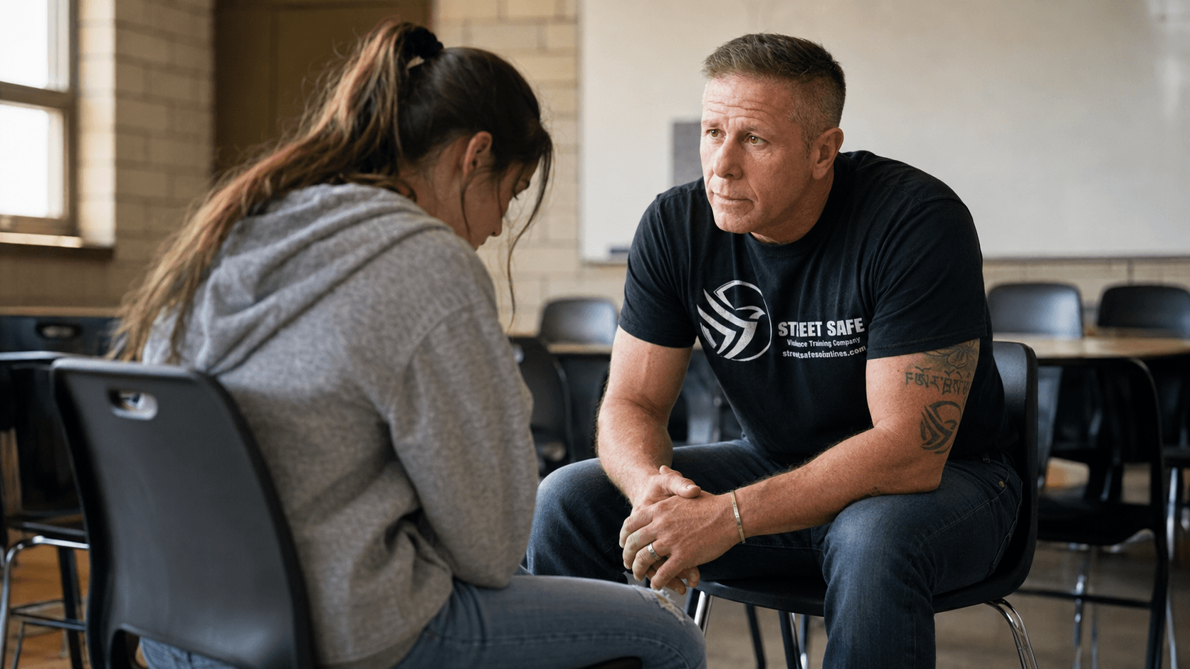 Rob Andress listening compassionately to a student during a violence prevention and safety discussion