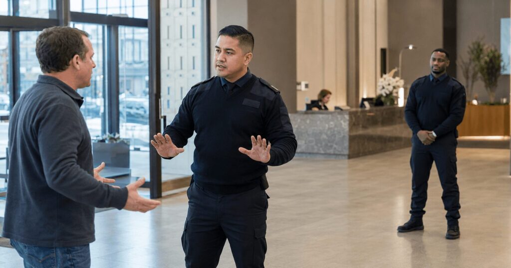 Trained security officer using calm communication and de-escalation techniques with a person in a corporate lobby