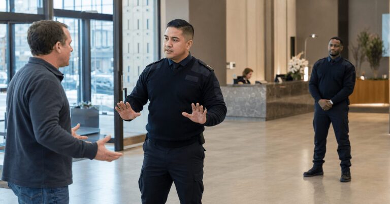 Trained security officer using calm communication and de-escalation techniques with a person in a corporate lobby