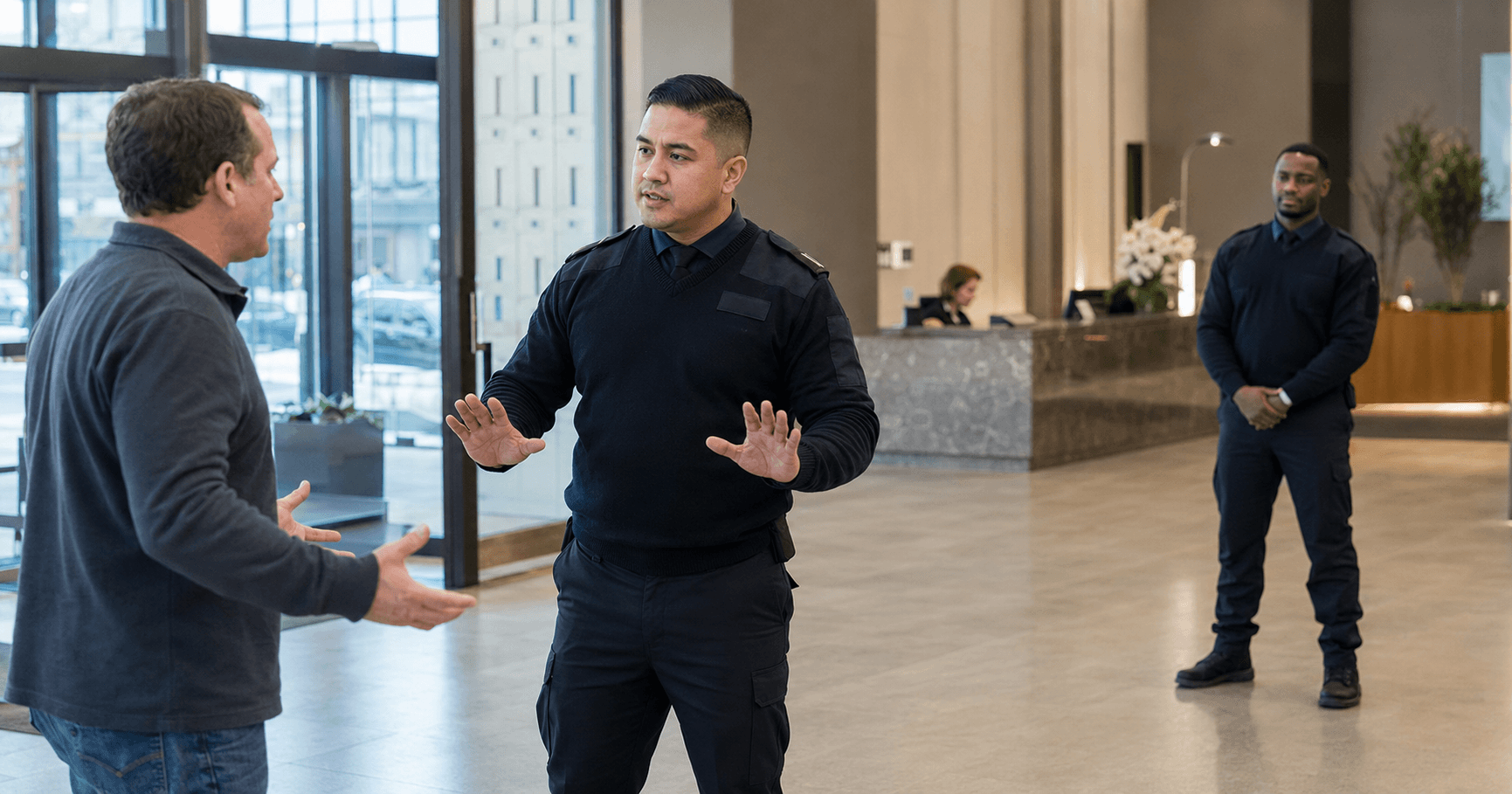 Trained security officer using calm communication and de-escalation techniques with a person in a corporate lobby