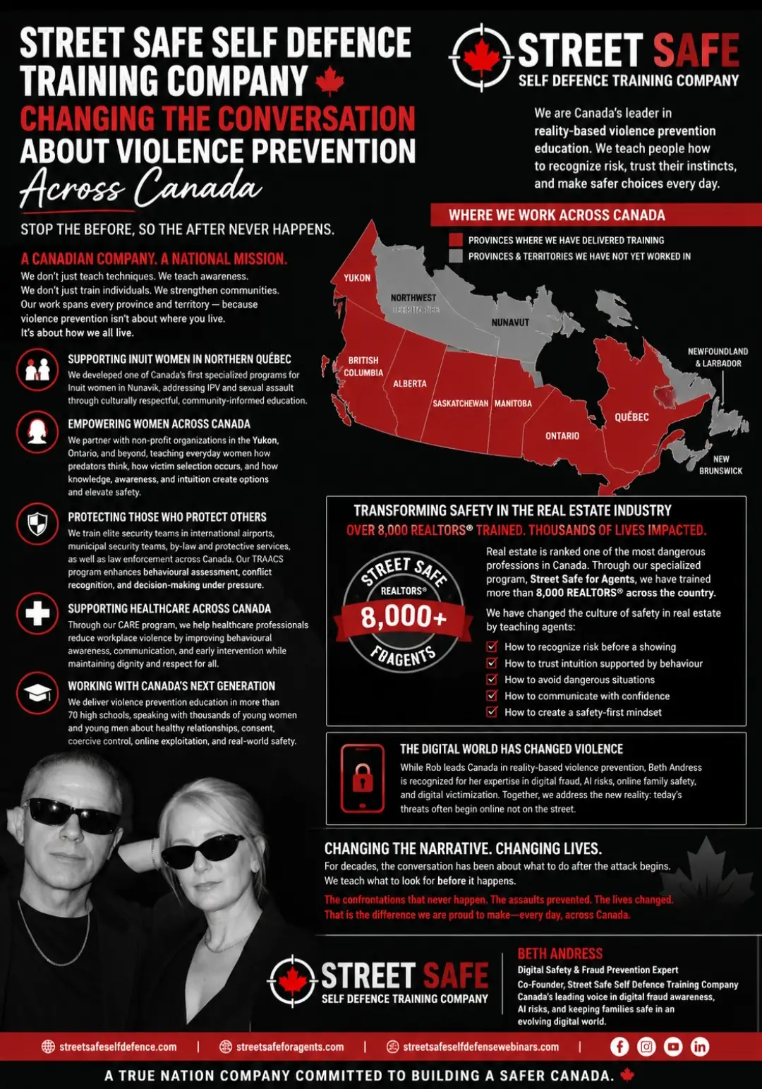 Street Safe Self Defence Training Company infographic showing Canada-wide violence prevention education, safety programs, and community impact