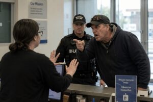 Aggressive customer confronting a municipal employee at a service counter while a Municipal By-Law Officer monitors the escalating situation, illustrating the need for workplace violence prevention training such as TRAACS™.