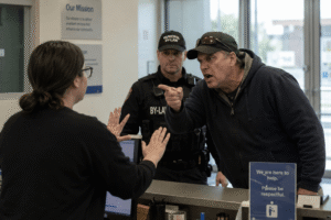 Aggressive customer confronting a municipal employee at a service counter while a Municipal By-Law Officer monitors the escalating situation, illustrating the need for workplace violence prevention training such as TRAACS™.