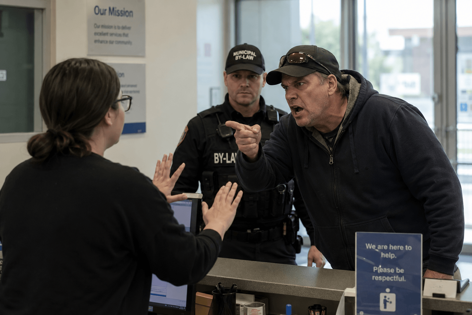 Municipal employee interacting with an upset customer at a service centre during a workplace safety scenario