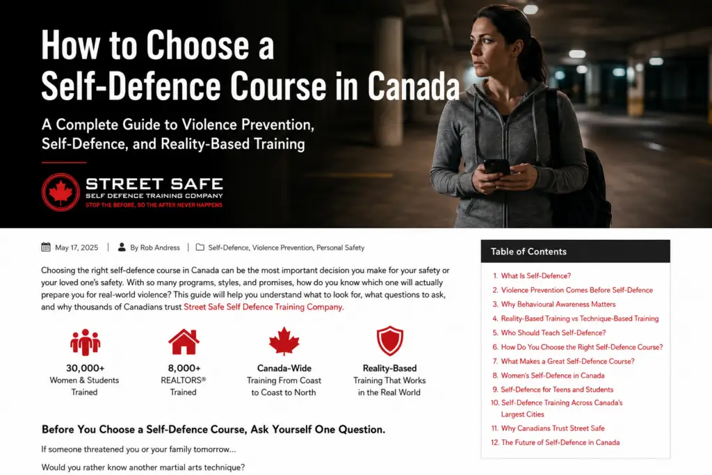 Guide image for choosing a self-defence course in Canada featuring Street Safe Self Defence Training Company
