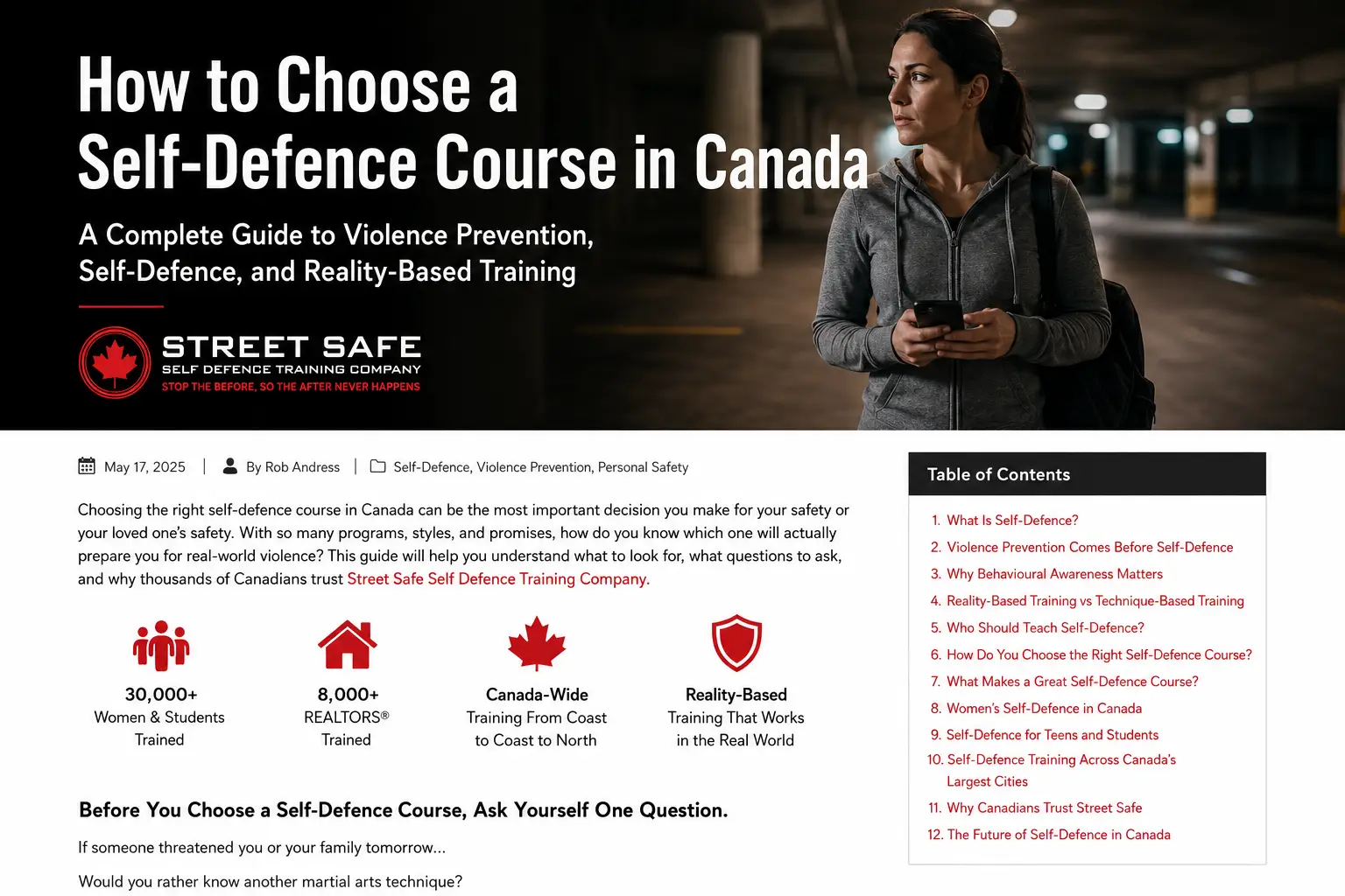 Guide image for choosing a self-defence course in Canada featuring Street Safe Self Defence Training Company