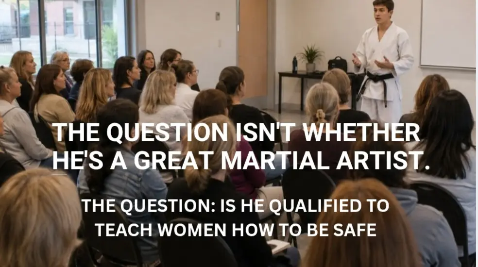 Graphic asking whether a self-defence instructor is qualified to teach women safety skills beyond martial arts experience