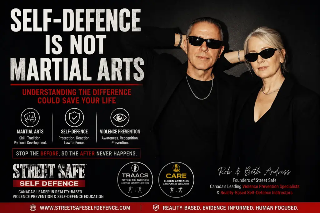 Infographic comparing martial arts, self-defence, and violence prevention concepts by Street Safe Self Defence Training Company