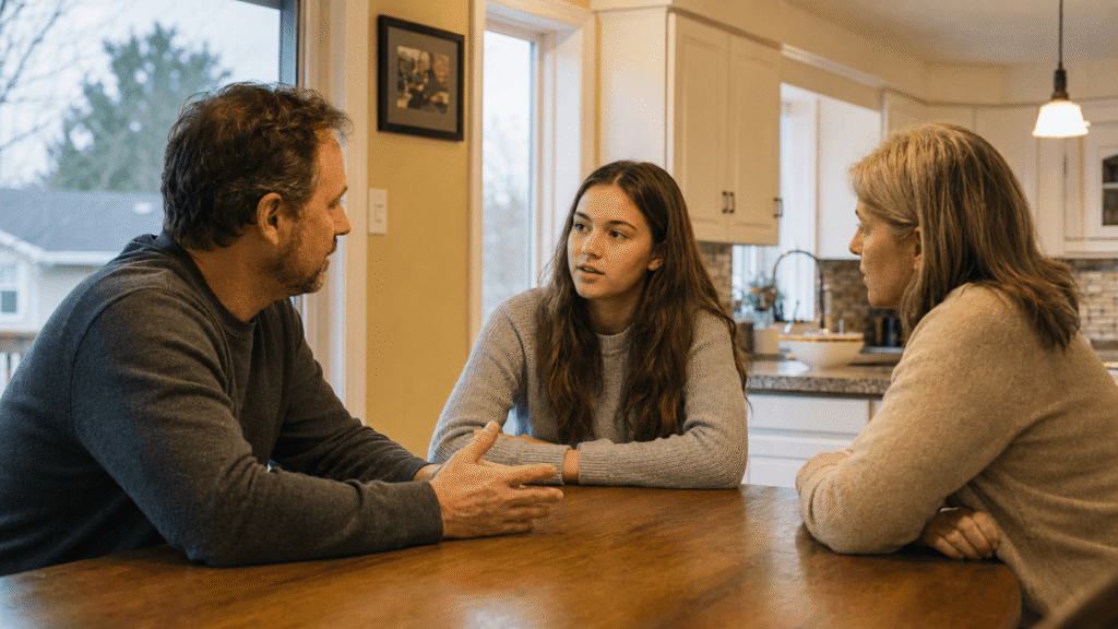 Parents having a calm and supportive safety conversation with their teenage daughter at a kitchen table