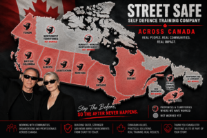 Street Safe Self Defence Training Company across Canada. A map of Canada showing the provinces where Rob and Beth Andress have provided violence prevention, workplace safety and Reality Self Defence training, with the Street Safe logo marking each location and a portrait of the founders in the foreground.
