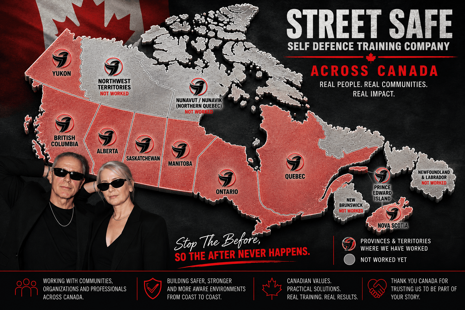 Map of Canada showing provinces and territories where Street Safe Self Defence Training Company has delivered training programs