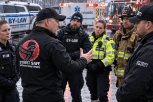 Street Safe Self Defence instructor delivering TRAACS workplace violence prevention training to By-Law Officers, Paramedics, Firefighters, and Security professionals using a behaviour-based approach to risk recognition and de-escalation.