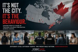 A map of Canada highlighting communities where Street Safe Self Defence Training Company has delivered violence prevention training, alongside images representing students, healthcare workers, REALTORS®, by-law officers, security professionals, Indigenous communities, and frontline municipal employees. The image emphasizes that violence follows human behaviour, not geography.