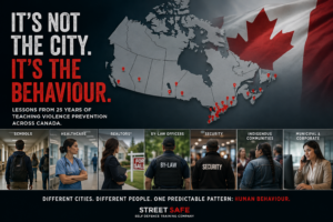 A map of Canada highlighting communities where Street Safe Self Defence Training Company has delivered violence prevention training, alongside images representing students, healthcare workers, REALTORS®, by-law officers, security professionals, Indigenous communities, and frontline municipal employees. The image emphasizes that violence follows human behaviour, not geography.