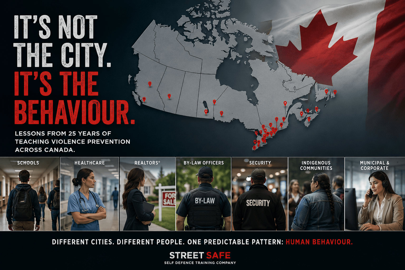 Infographic stating that human behaviour, not geography, predicts violence across Canadian communities based on 25 years of violence prevention training.