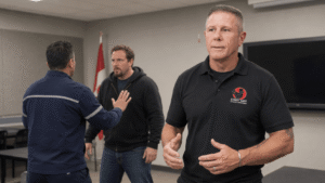 Rob Andress leading T.R.A.A.C.S. training for frontline employees when de-escalation fails.