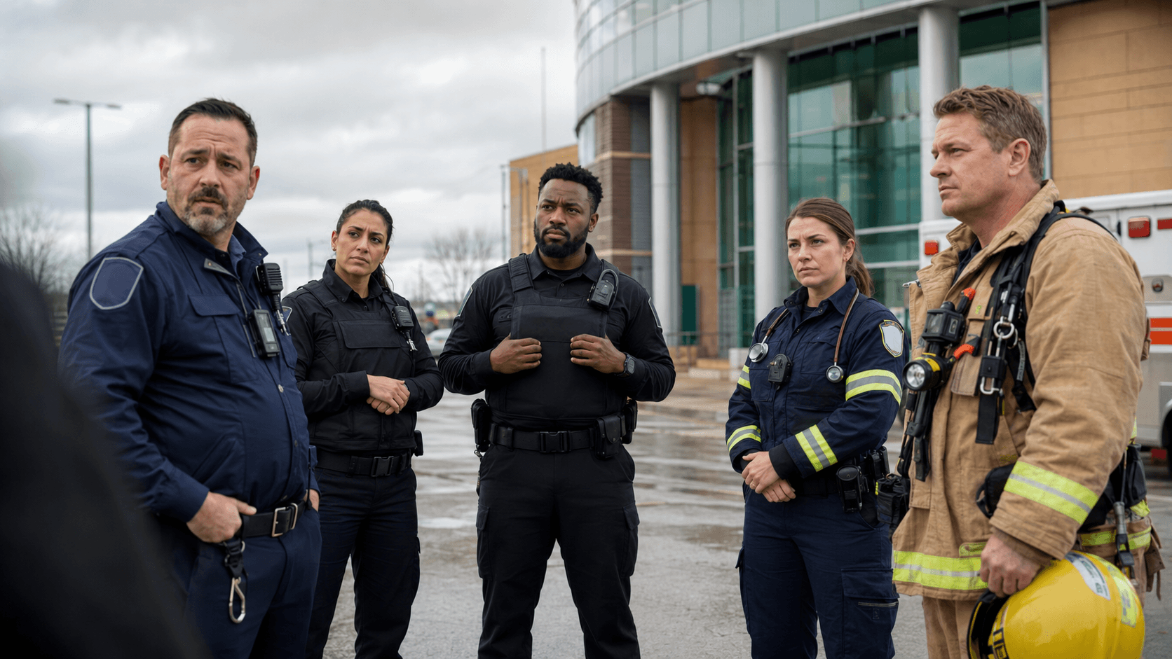 Municipal by-law officer, security officers, paramedic, and firefighter working together as a coordinated frontline safety team