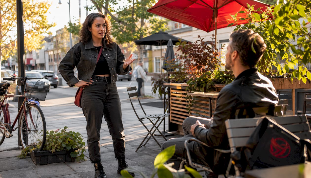 Woman calmly setting personal boundary in city street