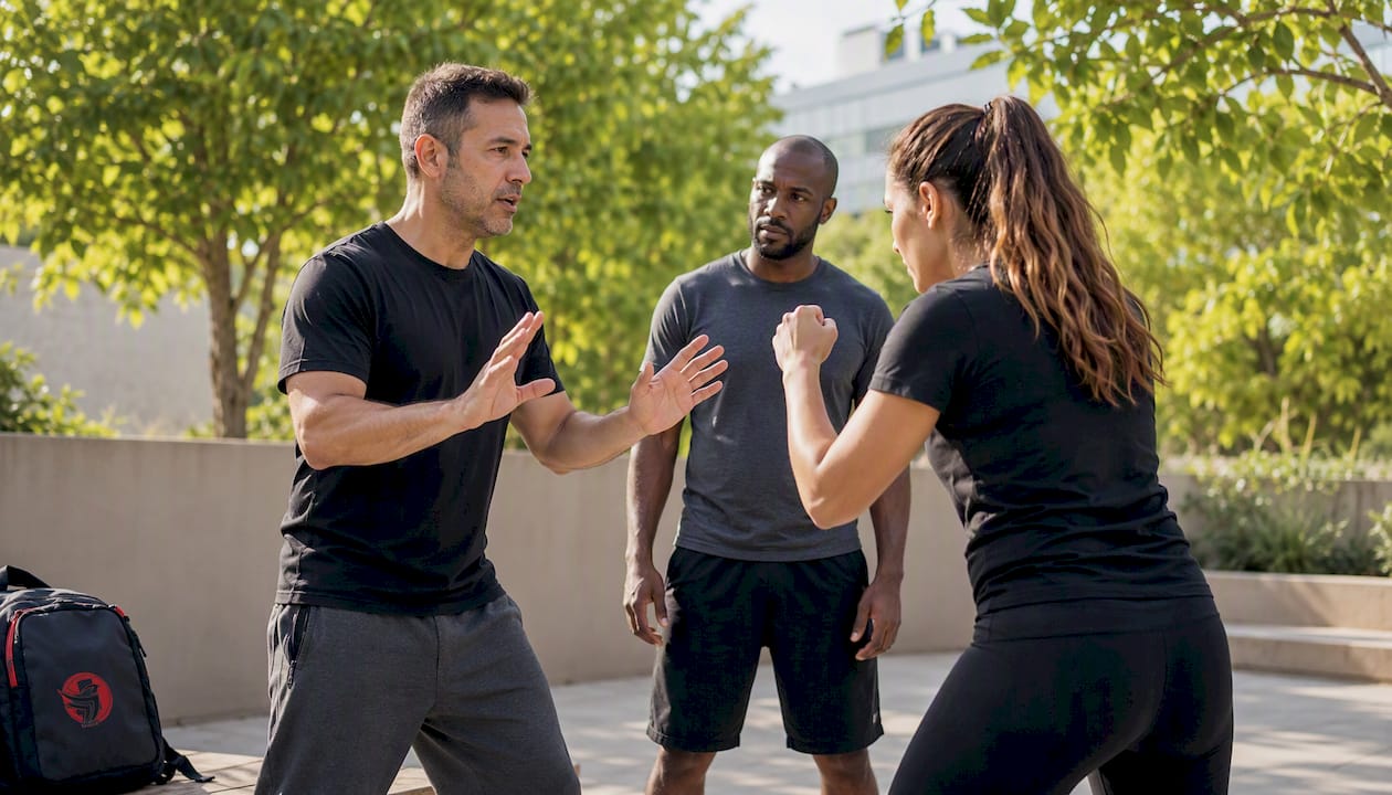 Two participants practicing verbal self-defence role-play
