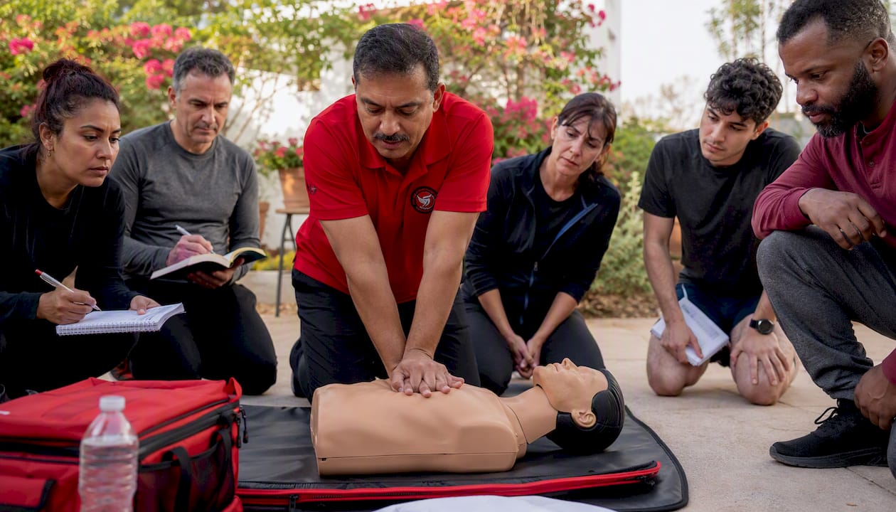 Instructor demonstrating CPR on mannequin hands