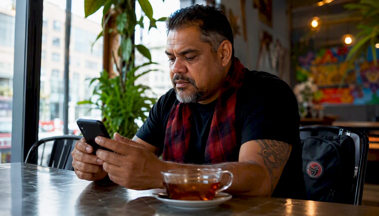 Man configuring phone safety tools at kitchen table